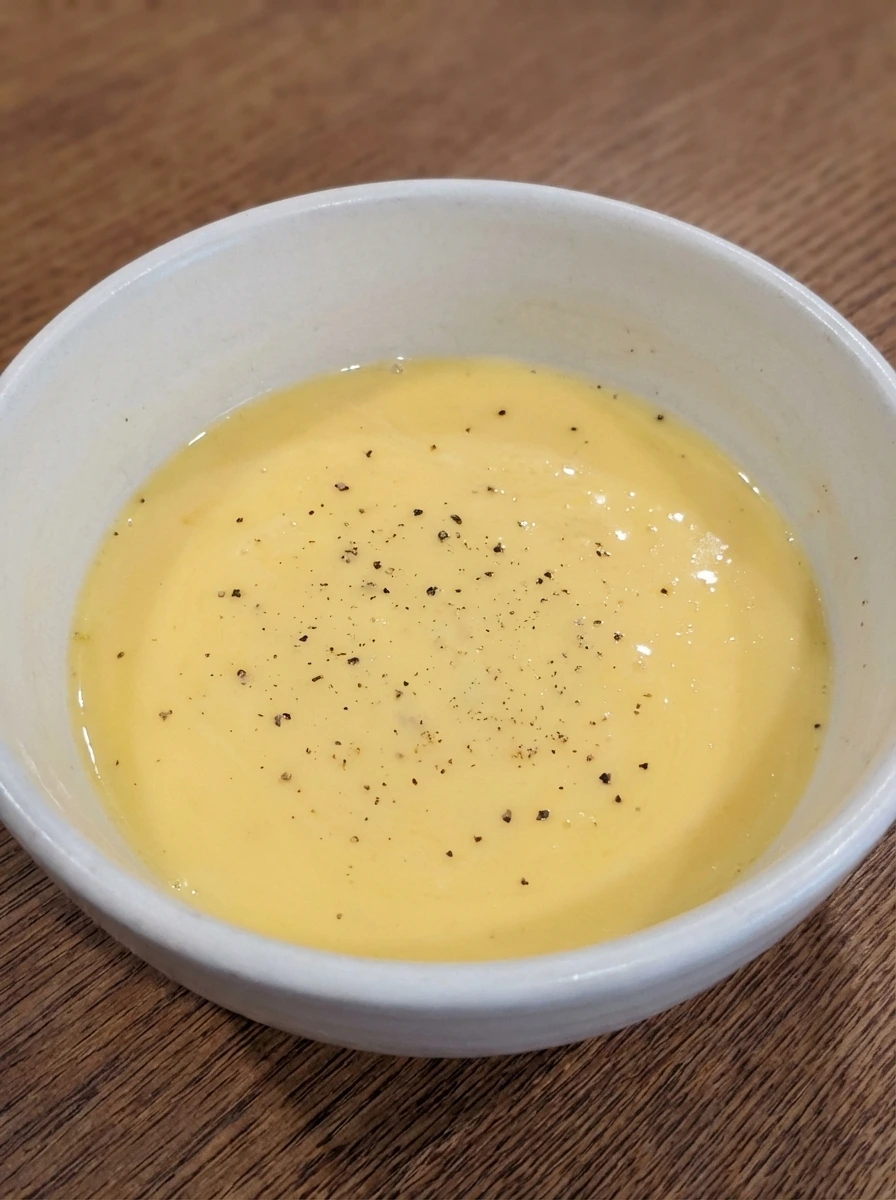 Smooth seasoned egg mixture in a white dish for Egg and Cheese Breakfast Sandwich