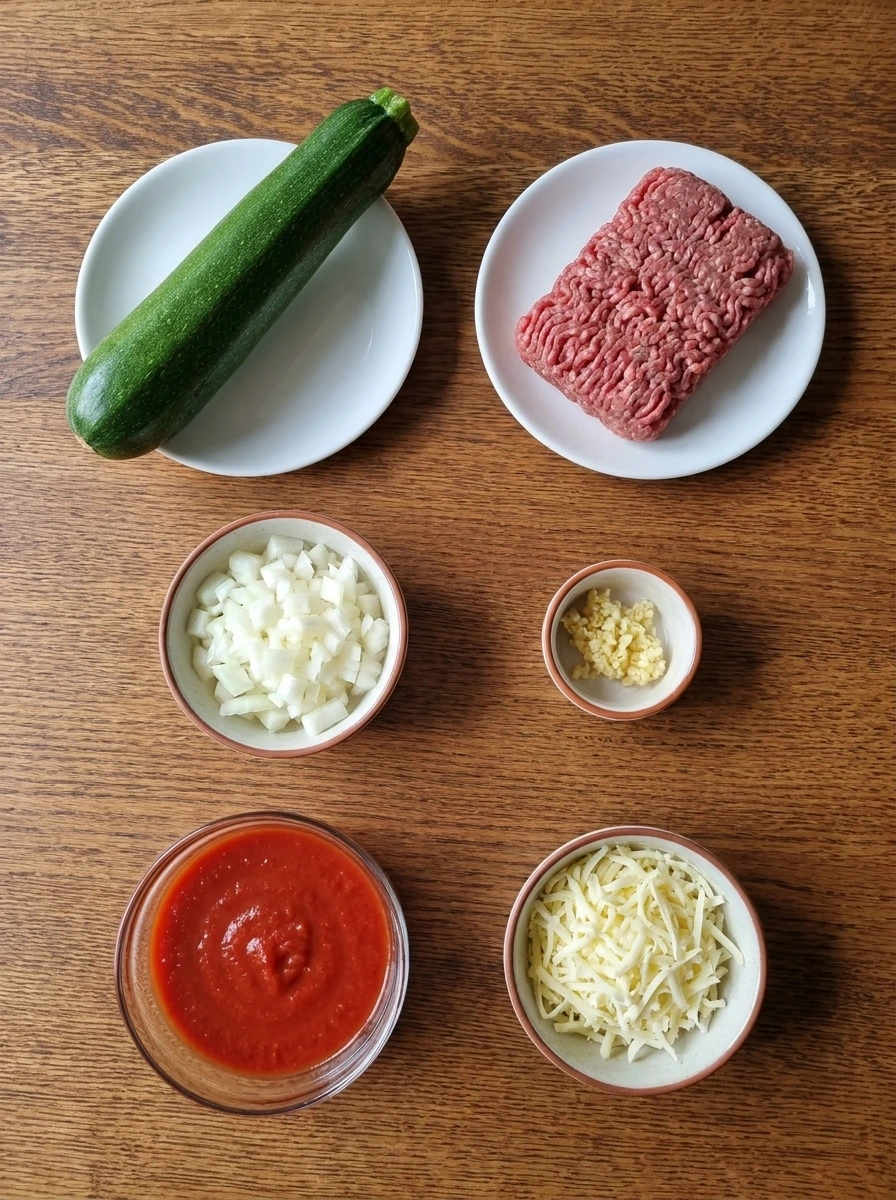 Ingredients for stuffed zucchini boats with ground beef