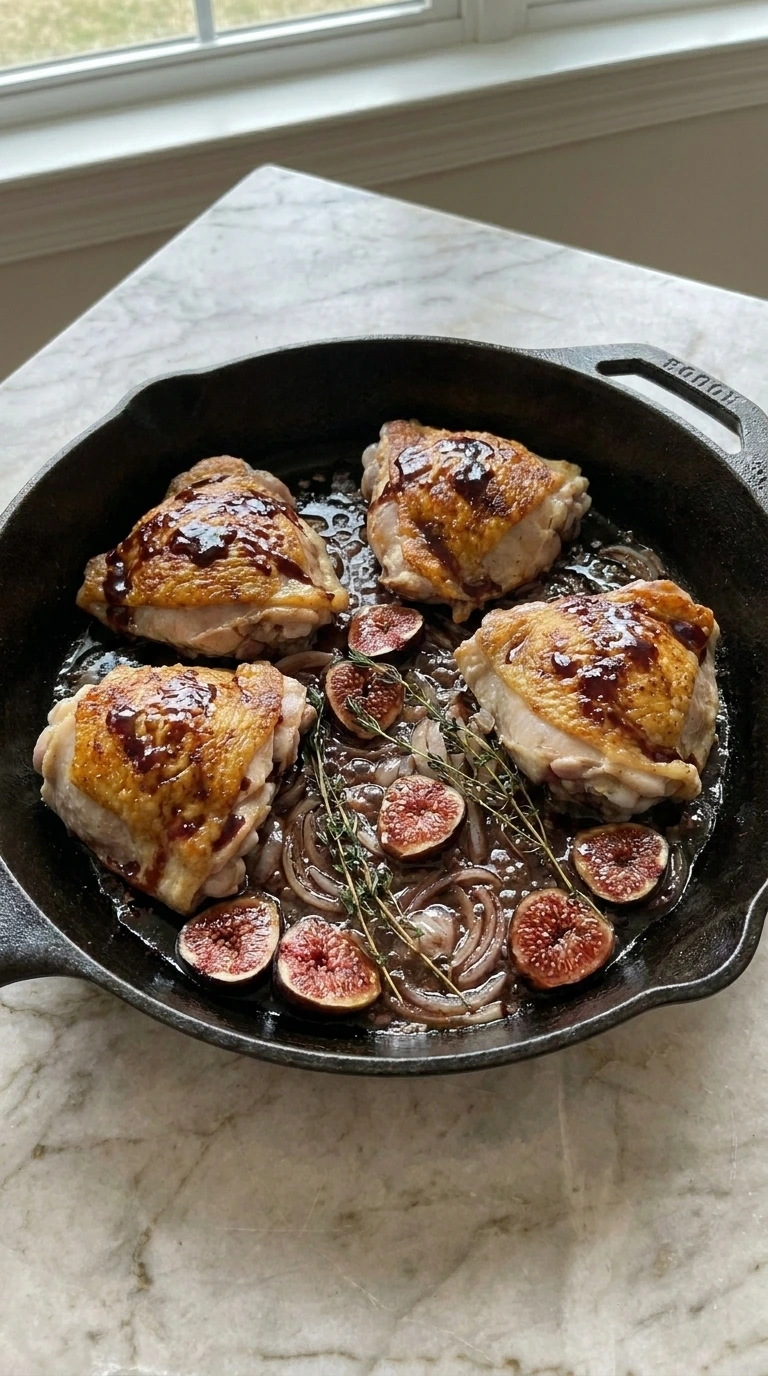 Chicken thighs simmering with Black Mission figs and balsamic fig glaze