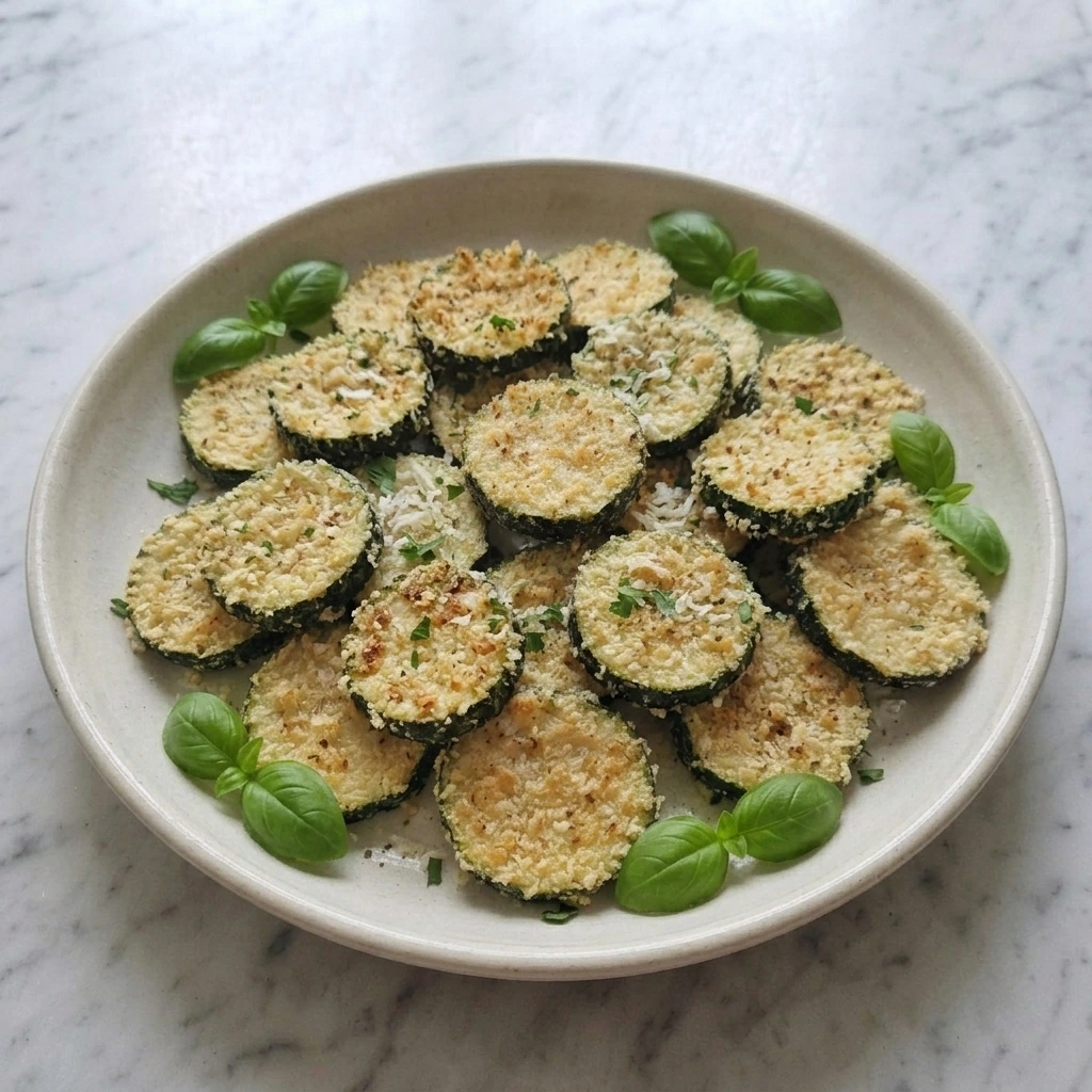 Golden Air Fryer Zucchini Chips with Parmesan and herbs in an off-white bowl