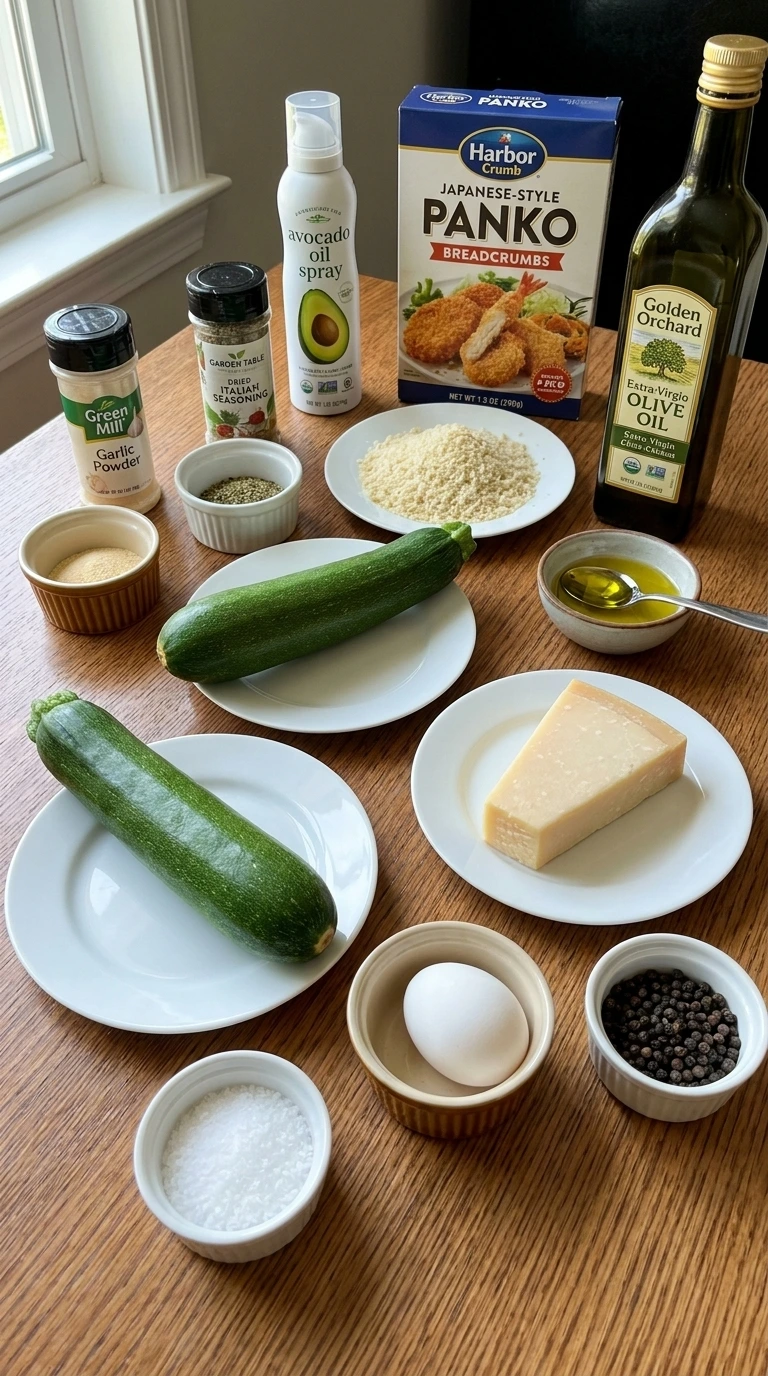 Ingredients for Air Fryer Zucchini Chips arranged in separate containers