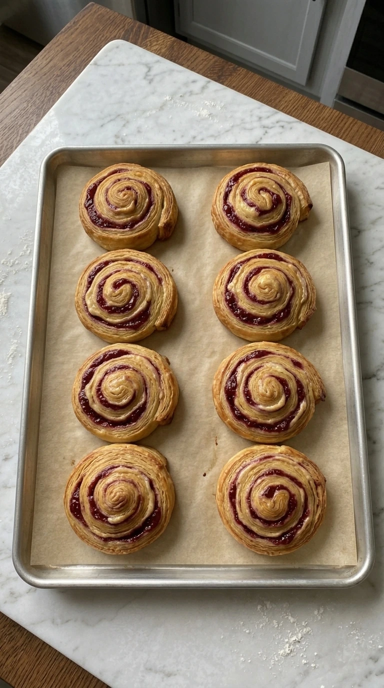 Eight deeply golden Raspberry Danish pastries after baking.