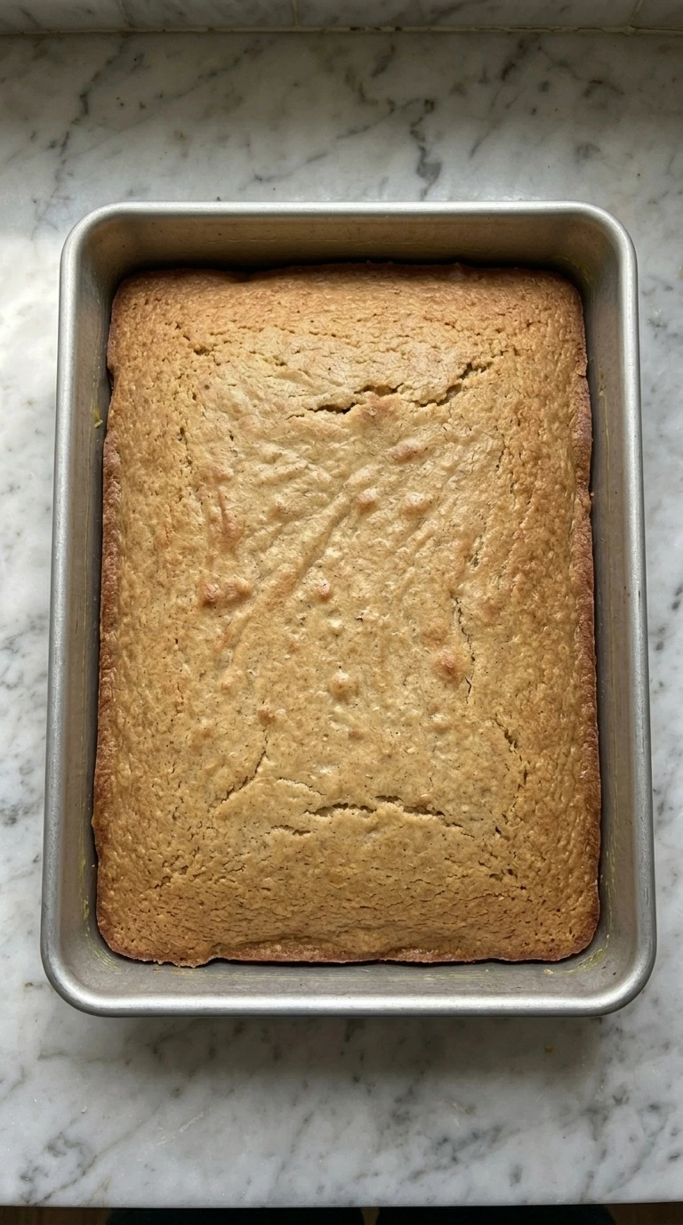 Freshly baked rectangular Banana Cake with golden edges in an aluminum pan.