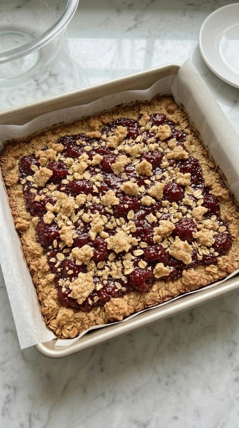 Golden baked Raspberry Breakfast Bars with bubbling ruby filling.