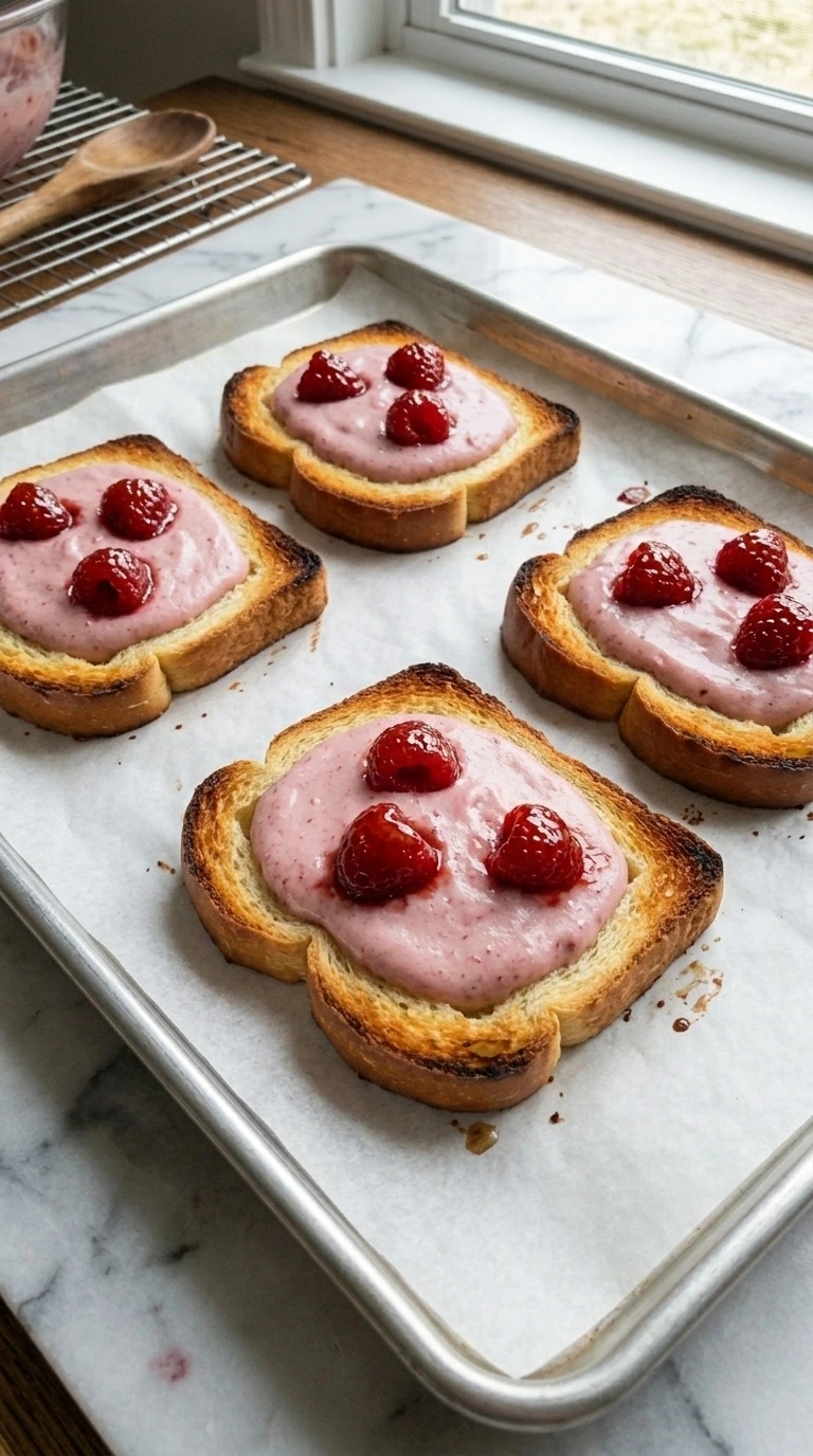 Golden baked raspberry yogurt toast on a sheet pan