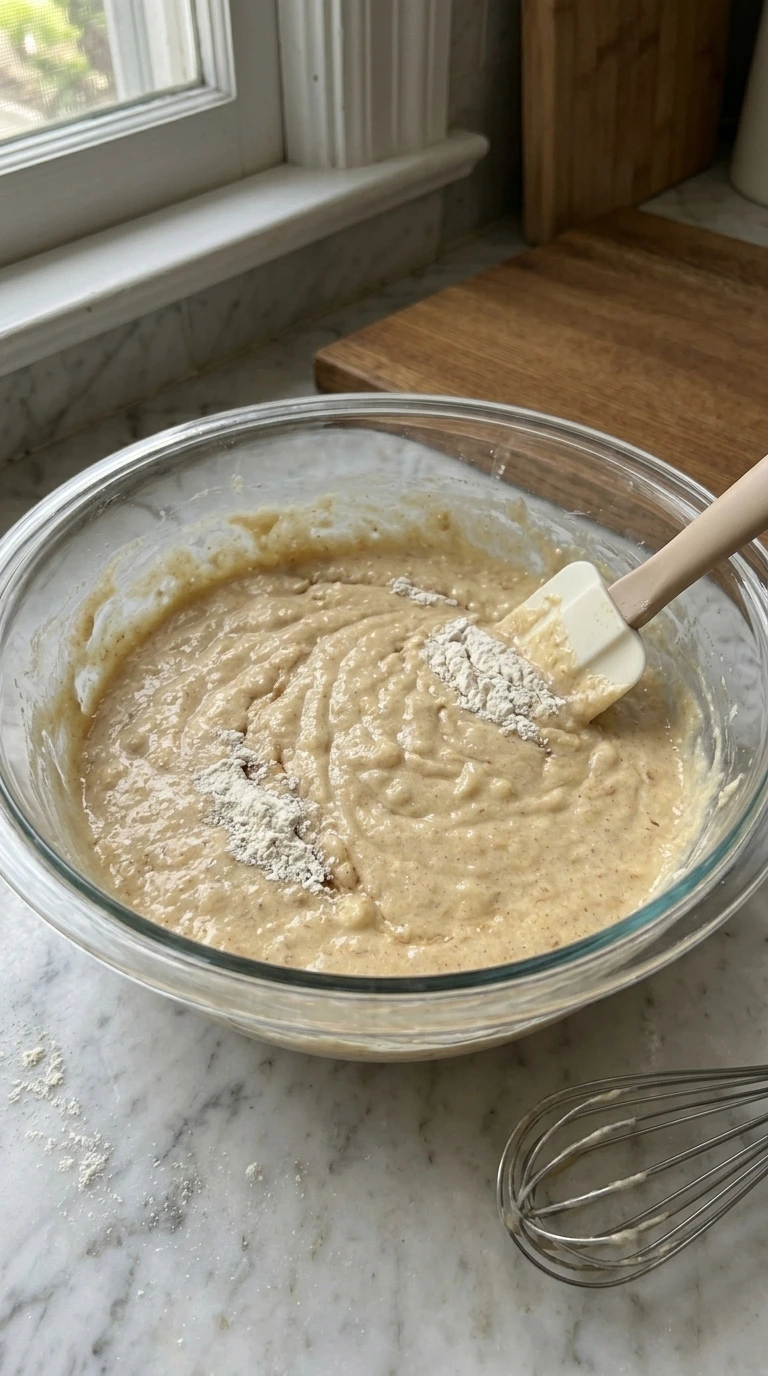 Thick Banana Cake batter with small banana flecks and a few flour streaks.