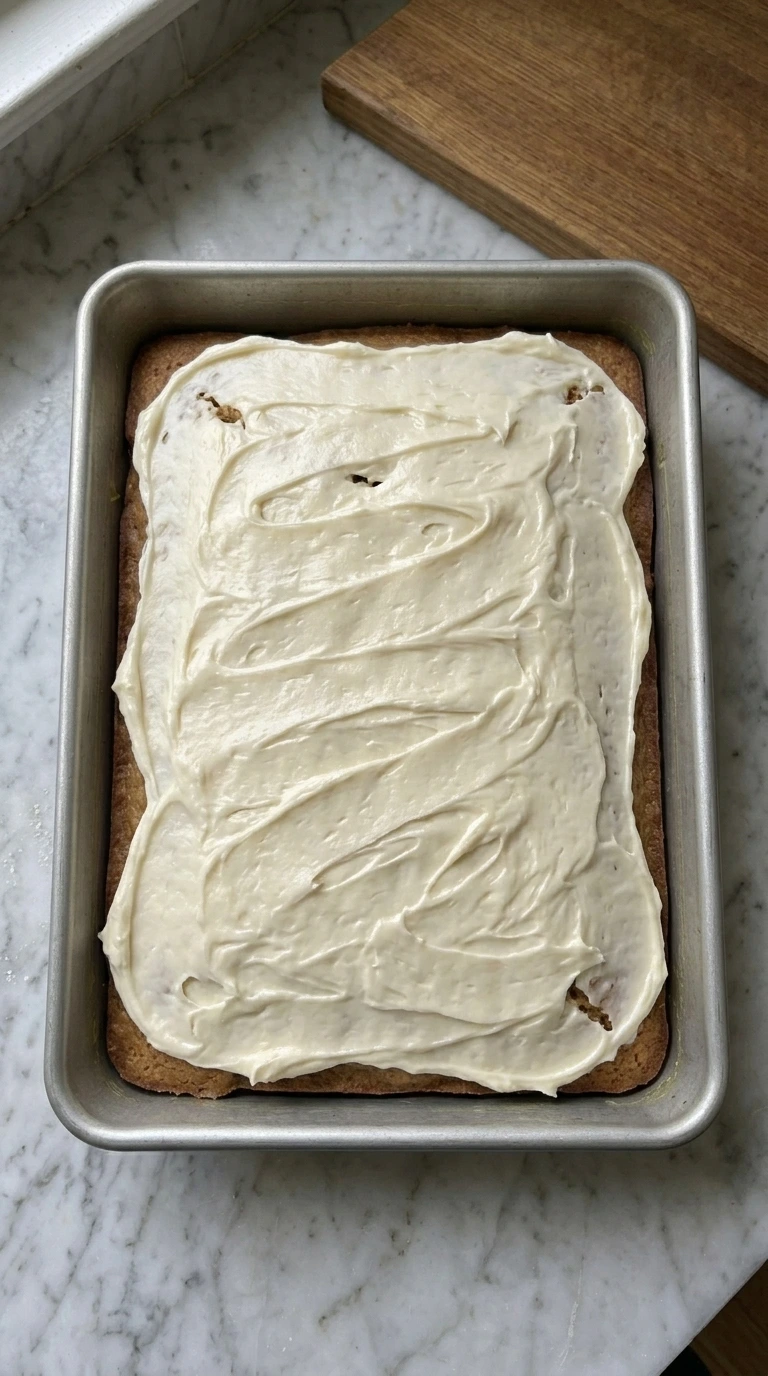 Banana Cake with cream cheese frosting, banana slices and toasted walnuts in a rectangular pan.