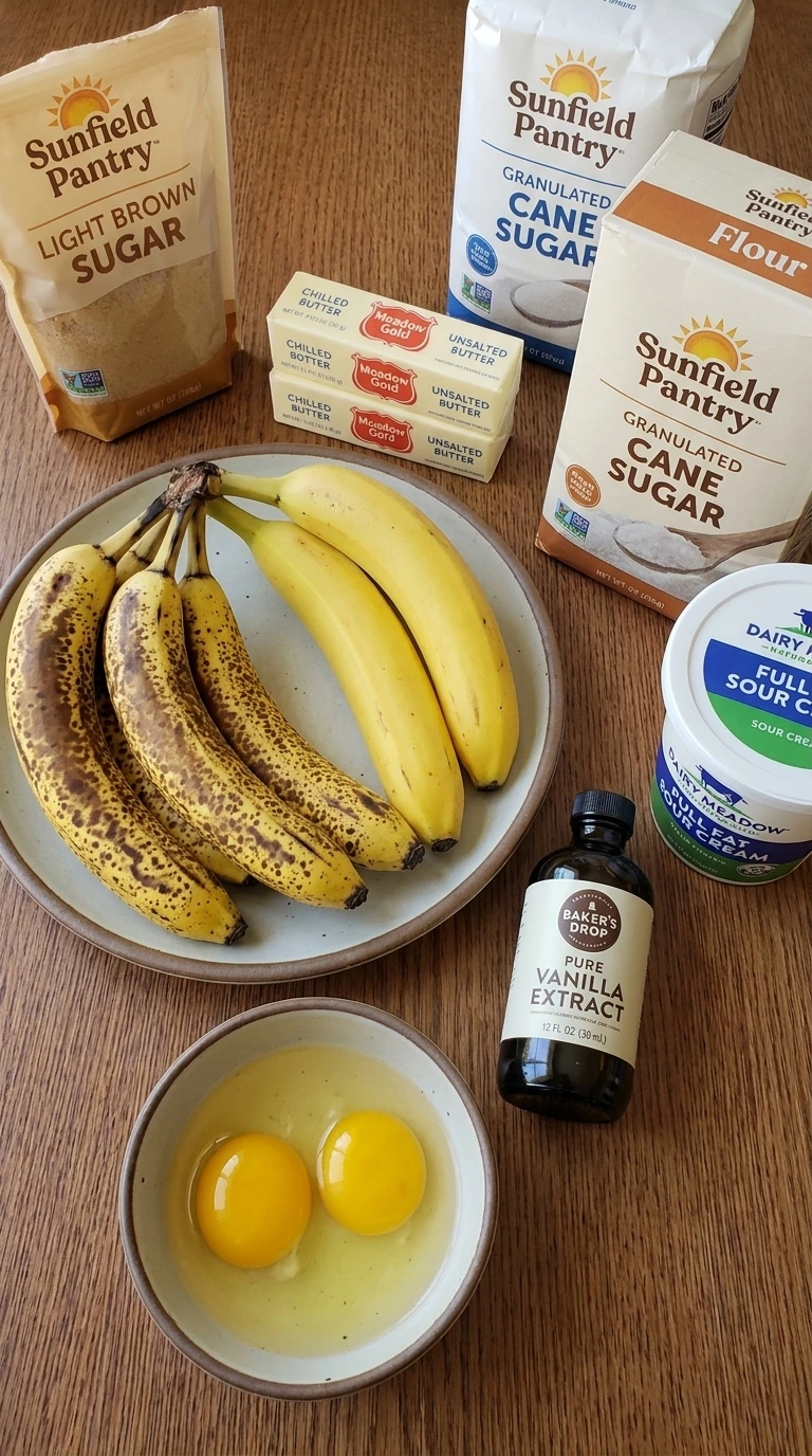 Ingredients for Banana Cake arranged in separate containers.