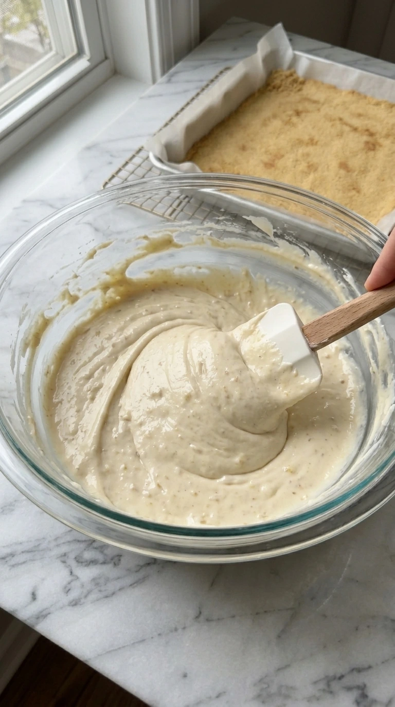 Smooth pale banana cheesecake filling in a clear glass mixing bowl