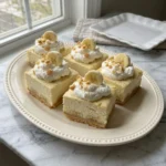 Five Banana Cheesecake Bars with vanilla wafer crust and whipped cream