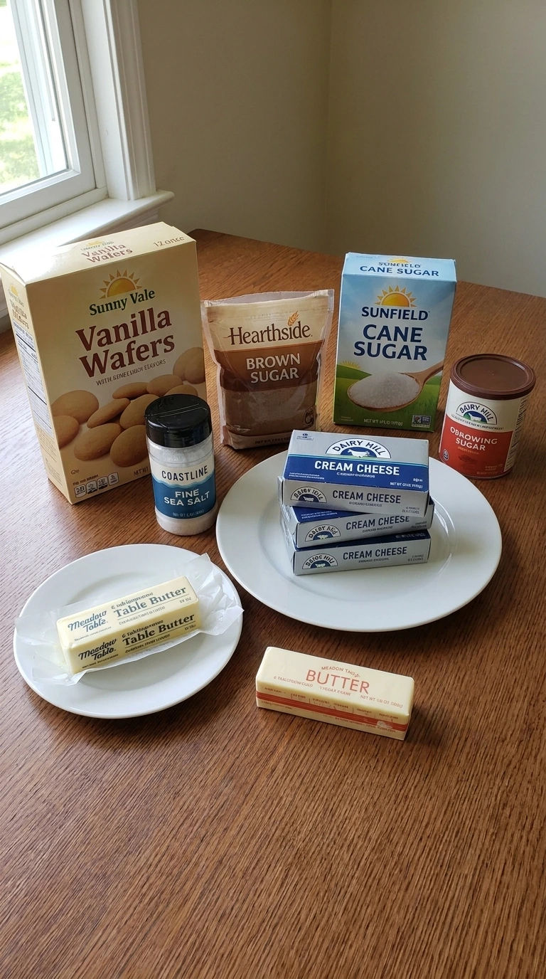 Ingredients for Banana Cheesecake Bars arranged in packages, bowls and plates