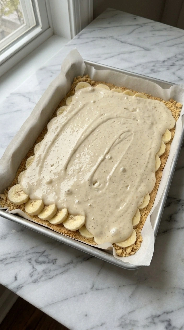 Banana slices layered over vanilla wafer crust beneath cheesecake filling
