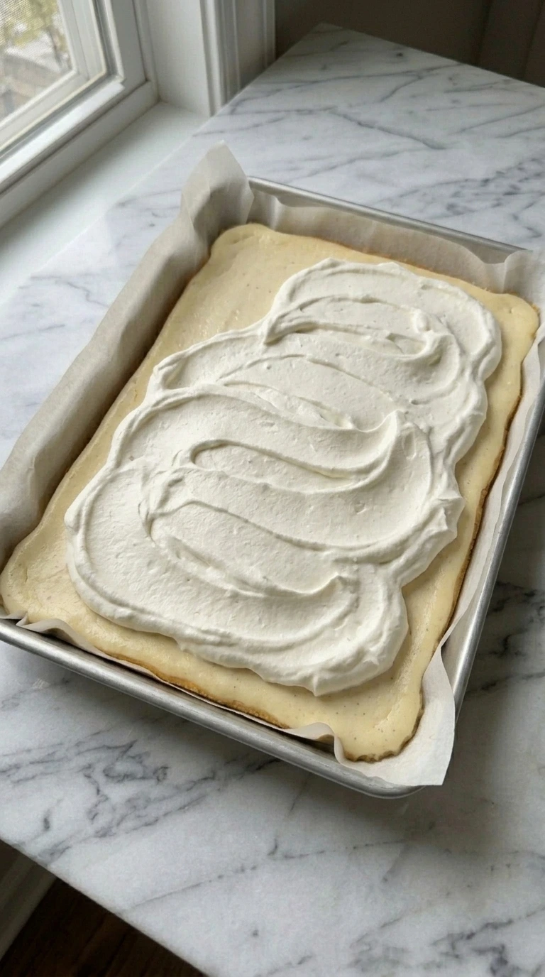 Chilled Banana Cheesecake Bars covered with soft whipped cream