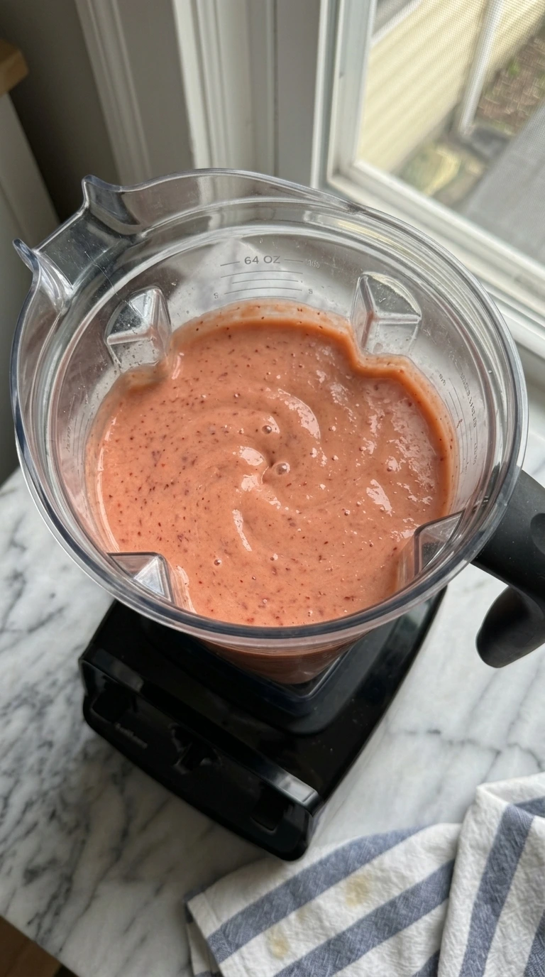 Pale coral strawberry lemonade filling in a blender jar