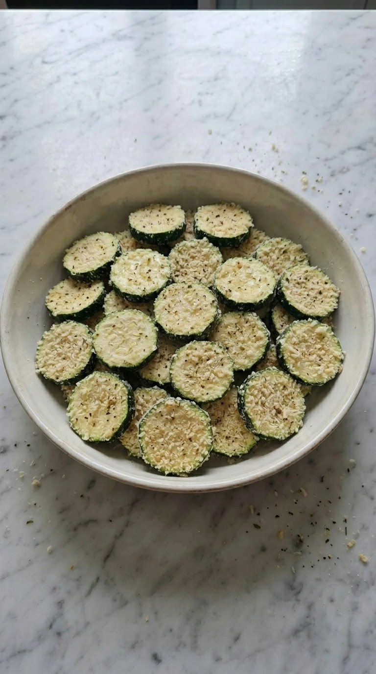 Zucchini rounds coated with panko and Parmigiano-Reggiano
