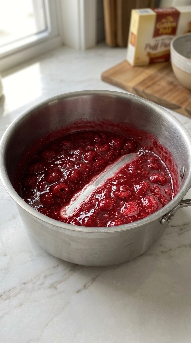 Thick homemade raspberry filling cooking for Raspberry Danish.