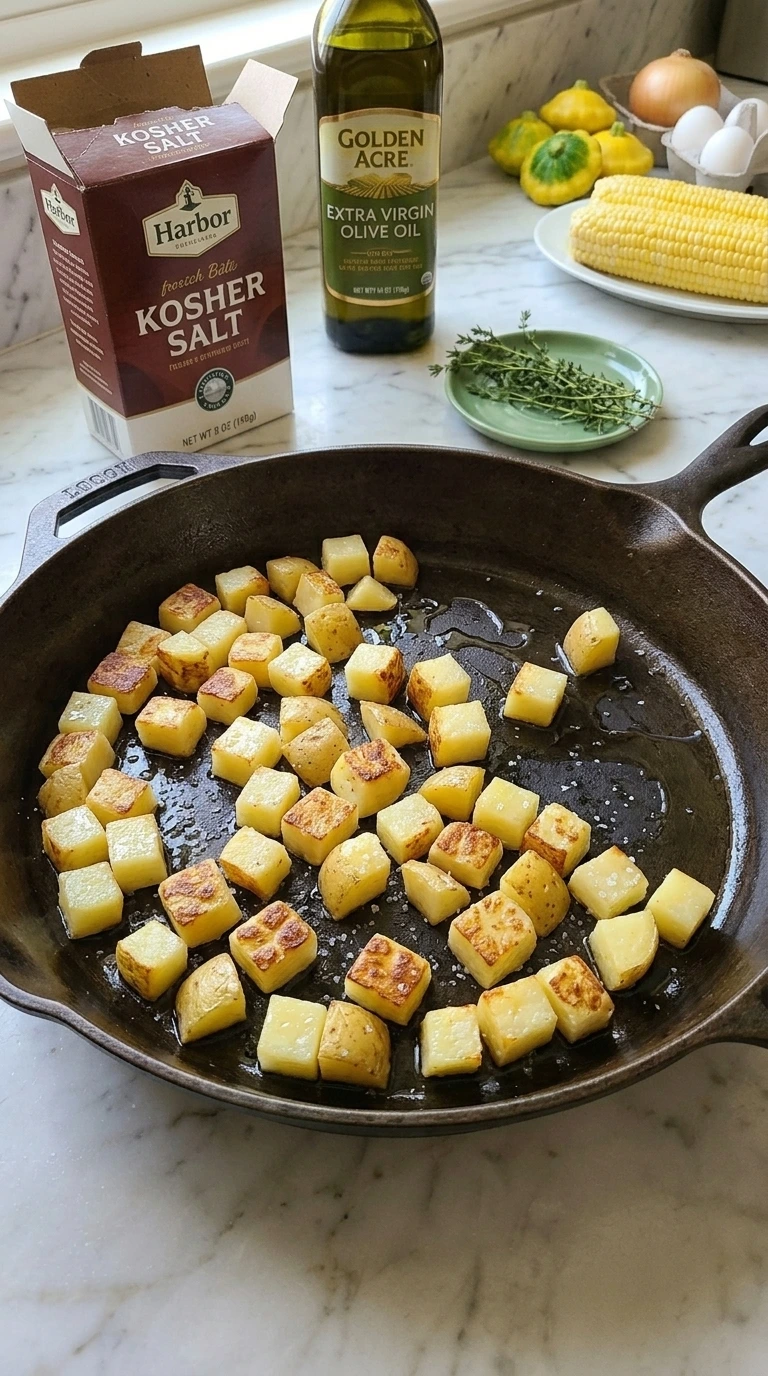 Golden Yukon Gold potato cubes crisping in a cast-iron skillet