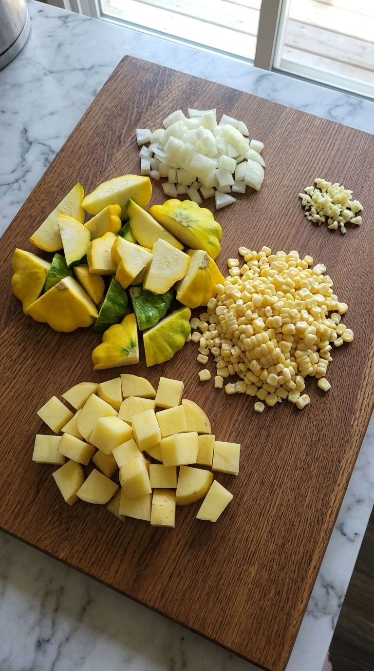 Cut patty pan squash, diced potatoes, onion, corn and garlic on a wooden board