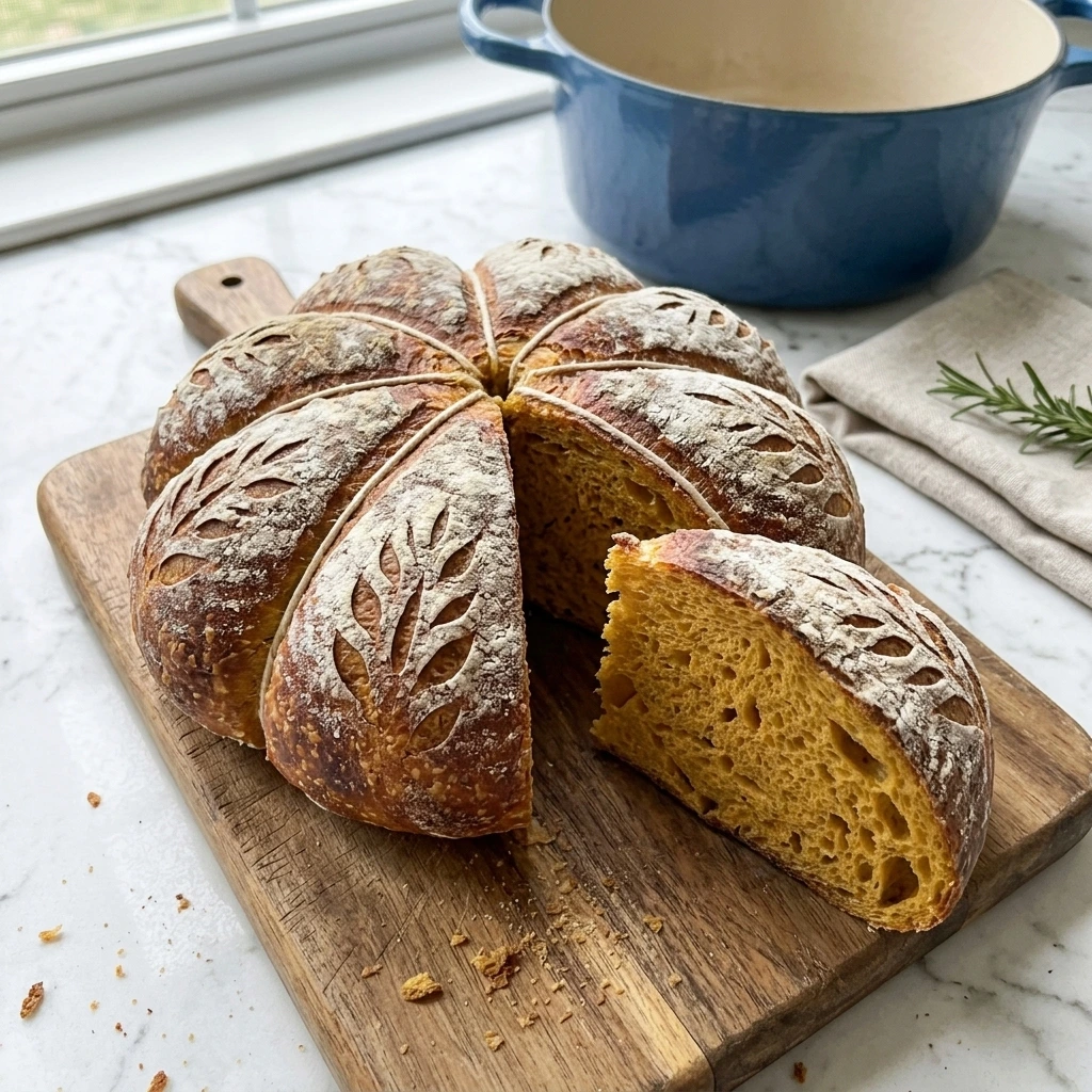 Easy homemade pumpkin sourdough bread shaped like a pumpkin with a soft orange crumb