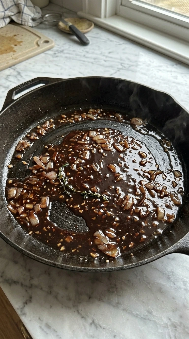 Glossy fig balsamic glaze reducing with shallot and thyme in a cast-iron skillet.