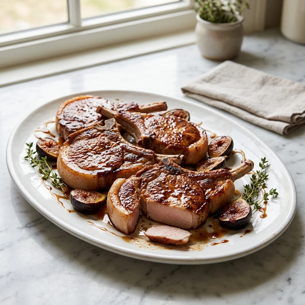 Four Fig Balsamic Pork Chops with glossy mahogany glaze, Black Mission figs and fresh thyme.