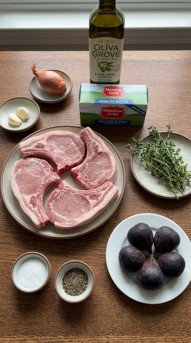 Ingredients for Fig Balsamic Pork Chops arranged separately in plates, dishes, jars and bottles.