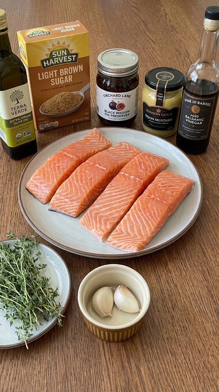 Ingredients for Fig Balsamic Salmon arranged in separate plates and packages