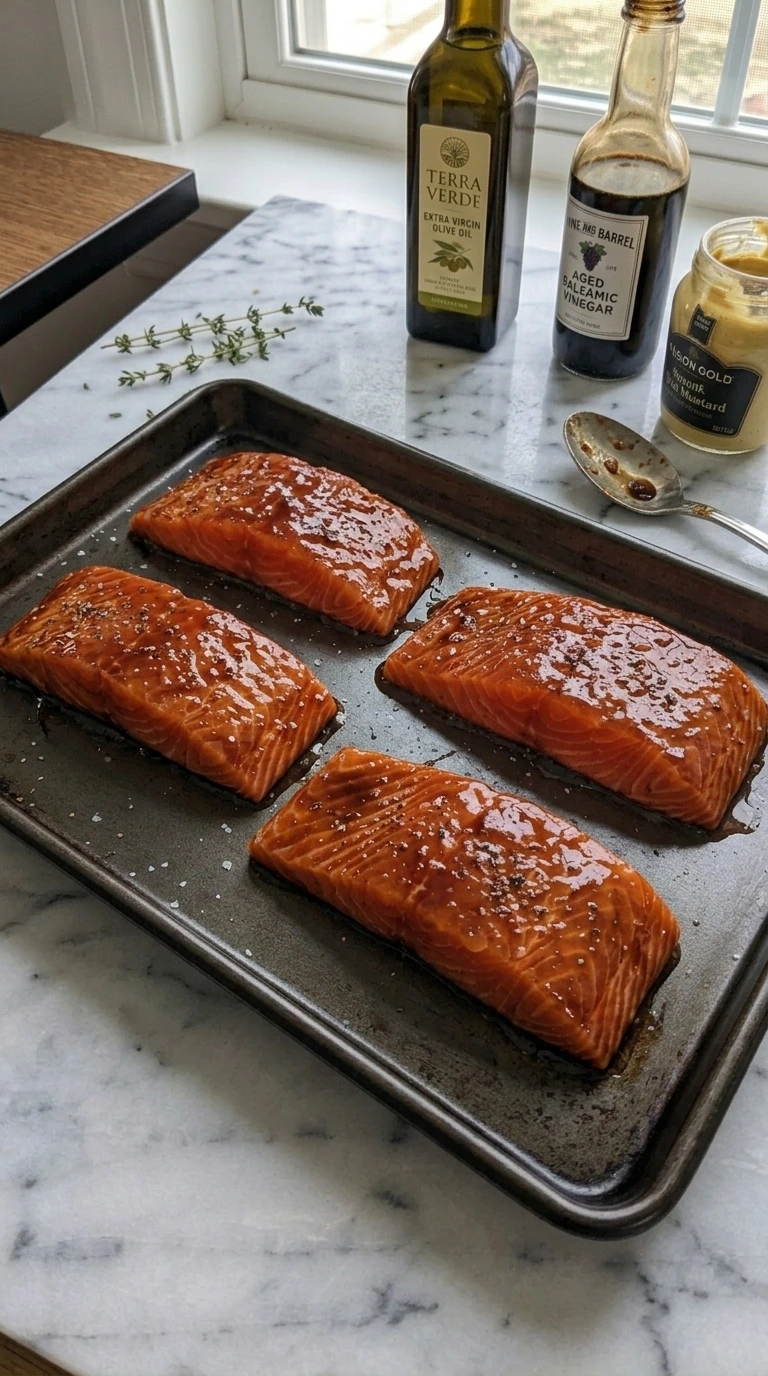 Four raw salmon fillets brushed with fig balsamic glaze on a sheet pan