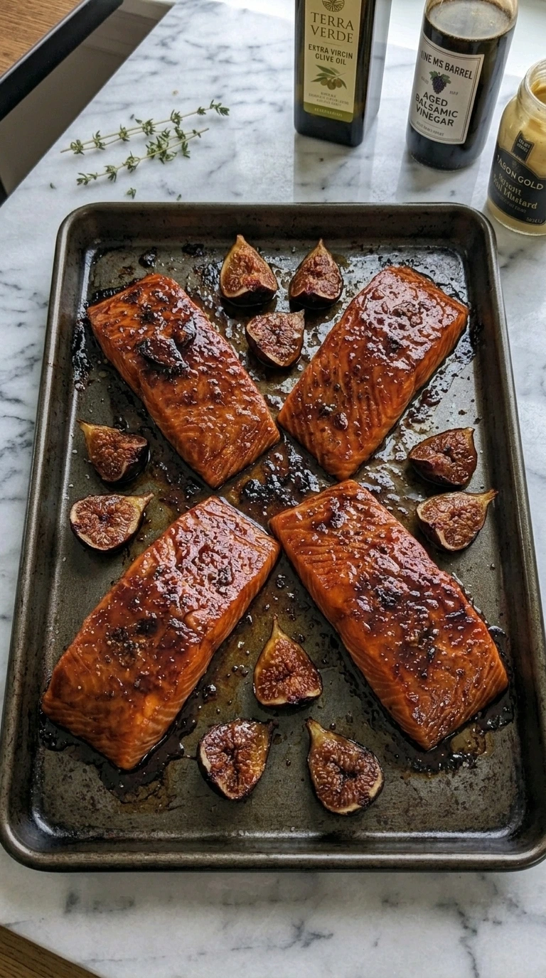 Broiled salmon fillets with glossy mahogany fig balsamic glaze