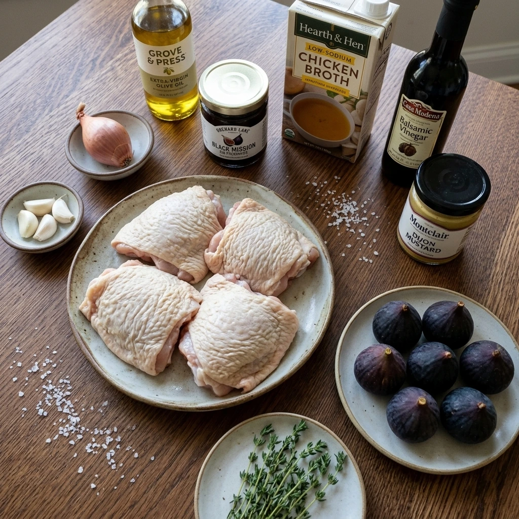 Ingredients for Fig Glazed Chicken including chicken thighs figs balsamic vinegar and thyme