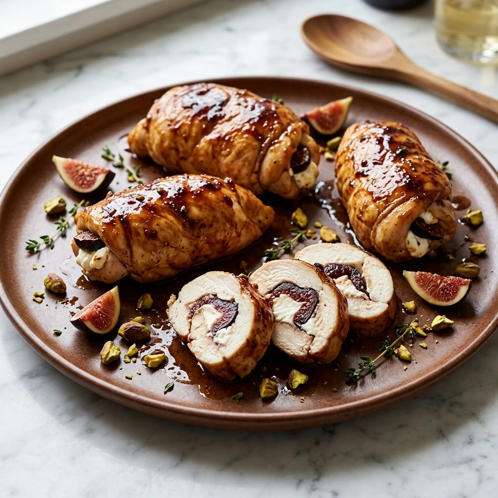 Fig and goat cheese stuffed chicken with balsamic glaze, pistachios and fresh figs