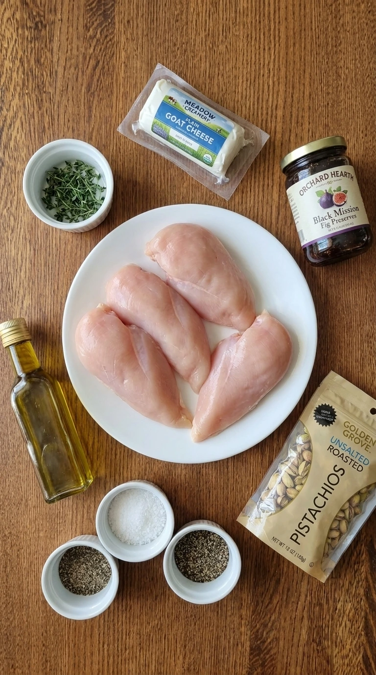 Ingredients for fig and goat cheese stuffed chicken arranged in separate containers