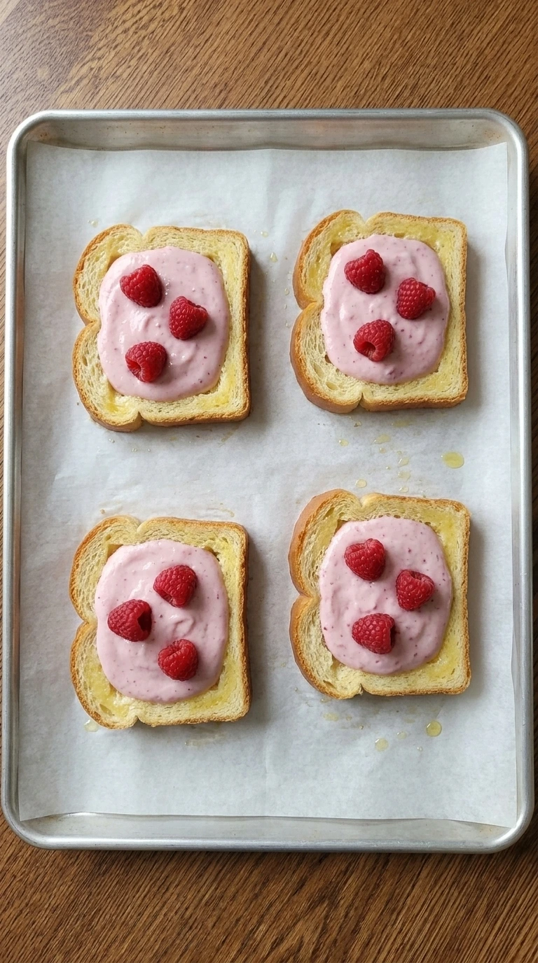 Brioche slices filled with raspberry yogurt custard