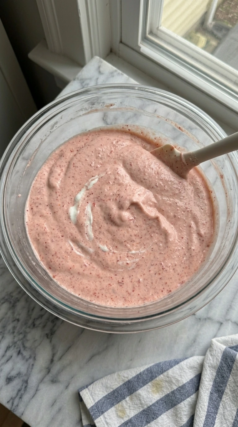Whipped cream folded into pale pink strawberry filling