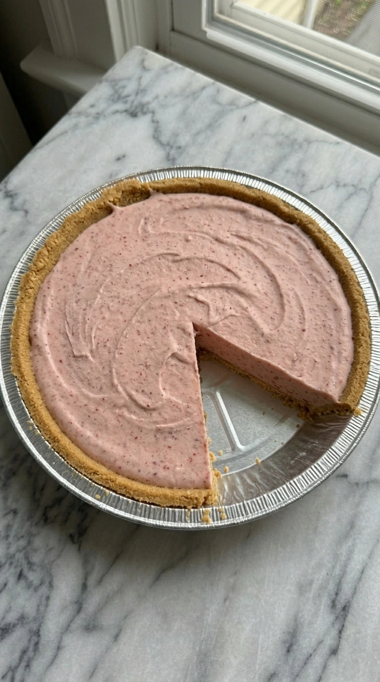 Frozen strawberry lemonade pie set in an aluminum pie tin
