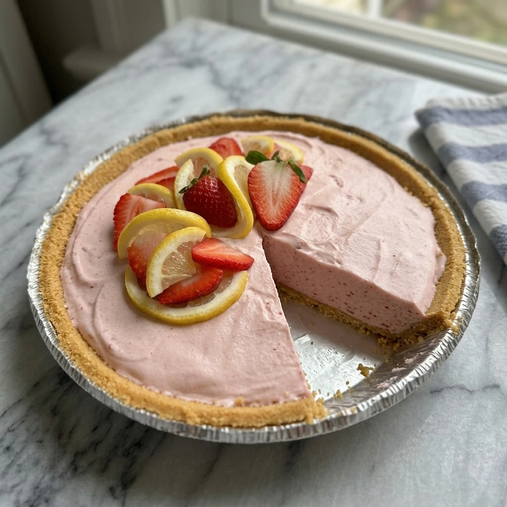 Frozen strawberry lemonade pie with fresh strawberry halves and lemon wedges