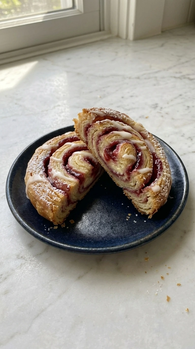 Glazed Raspberry Danish cut open to show cream cheese and raspberry layers.