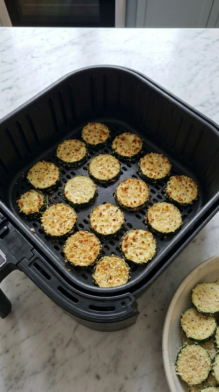 Sixteen golden zucchini chips in an air fryer basket