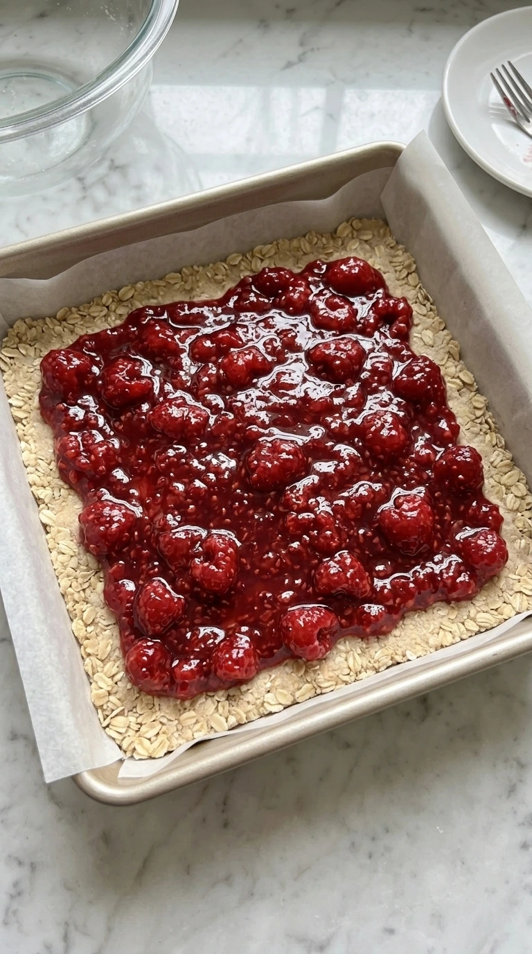 Glossy raspberry filling spread over a pressed oat base.