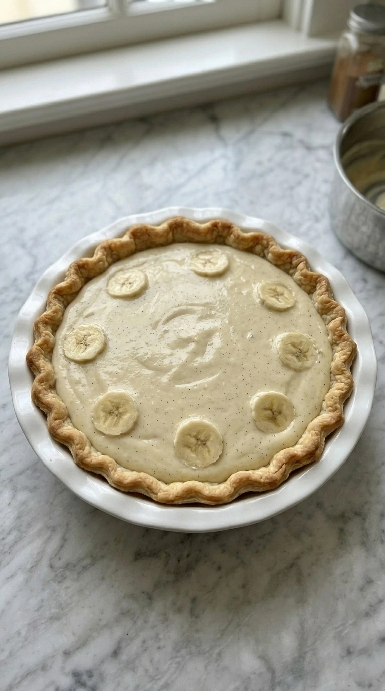 Banana slices layered under vanilla custard in a golden pie crust.