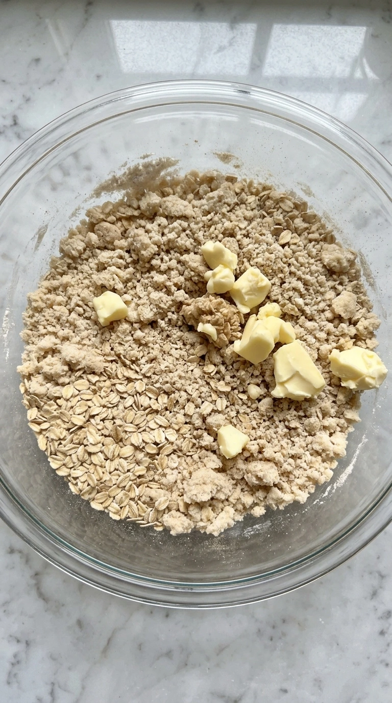 Sandy oat crumble mixture for Raspberry Breakfast Bars.