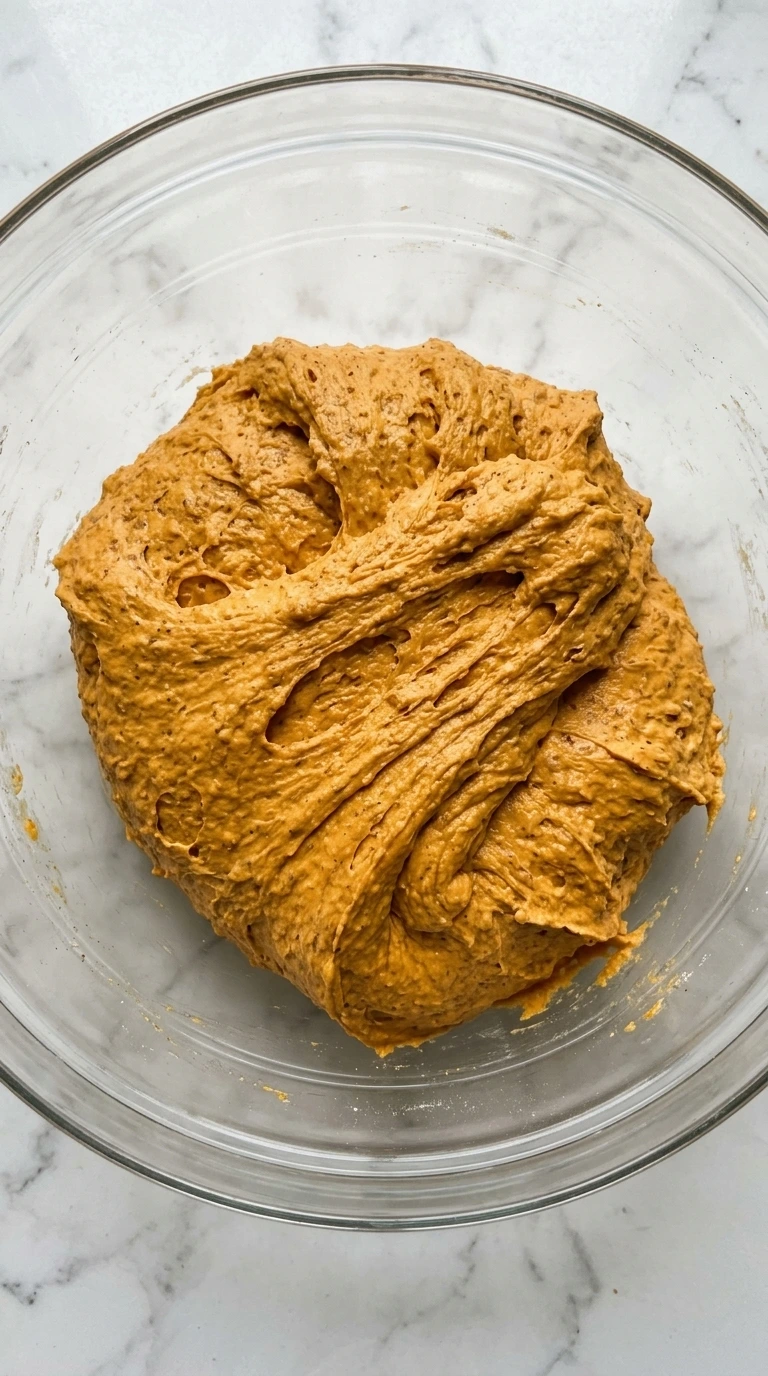 Shaggy orange pumpkin sourdough dough mixed in a clear glass bowl