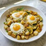 Patty Pan Squash Breakfast Hash with potatoes, corn, eggs, Parmesan and scallions