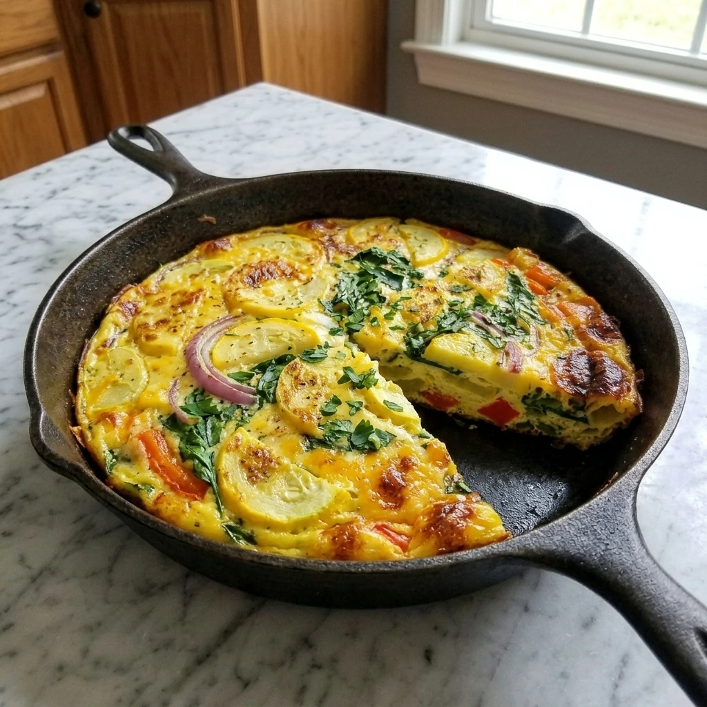 Golden Patty Pan Squash Frittata with spinach, red bell pepper and cheddar in a cast-iron skillet