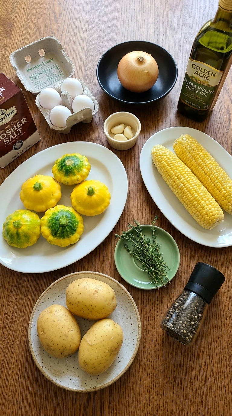 Ingredients for Patty Pan Squash Breakfast Hash arranged in separate containers