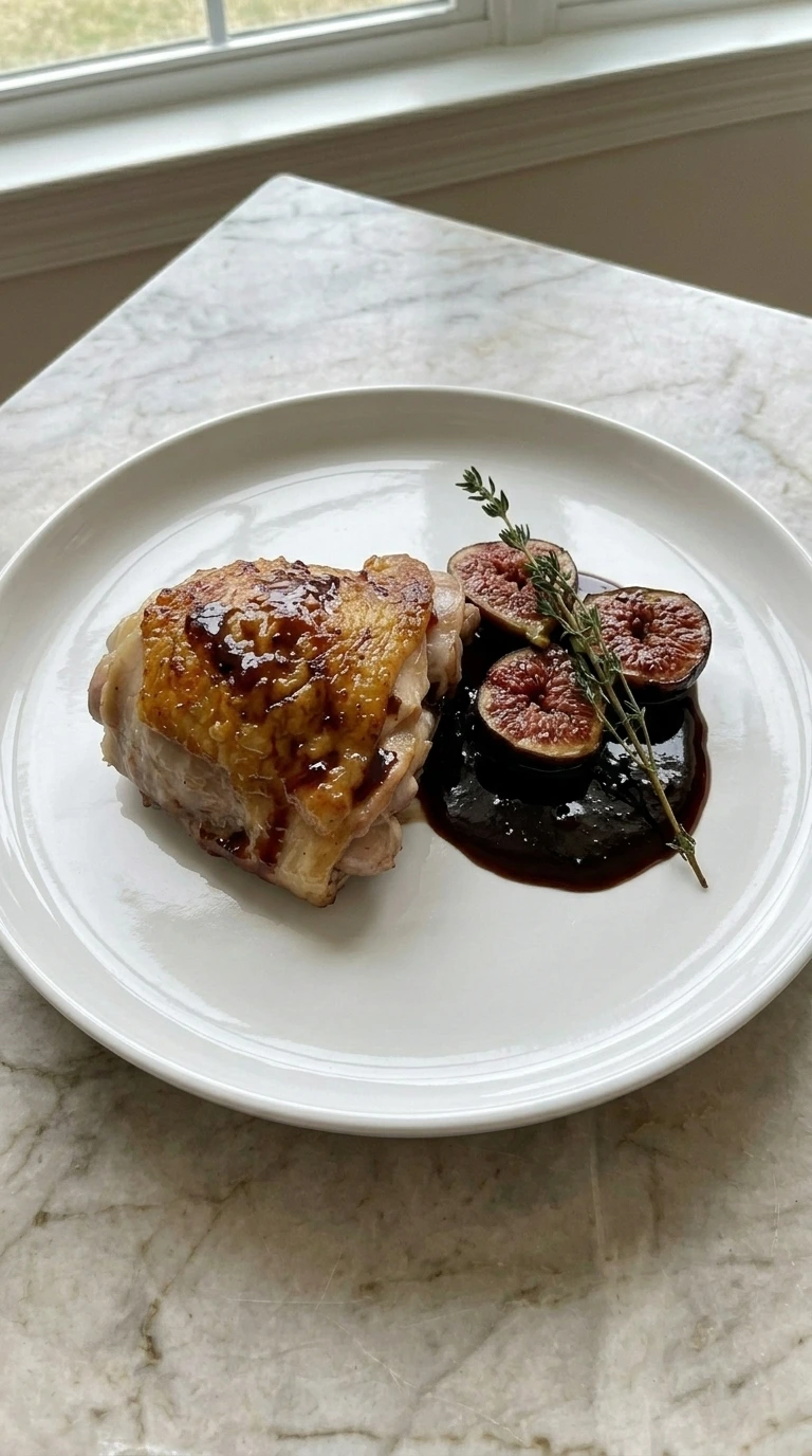Single Fig Glazed Chicken thigh plated with softened figs and thyme