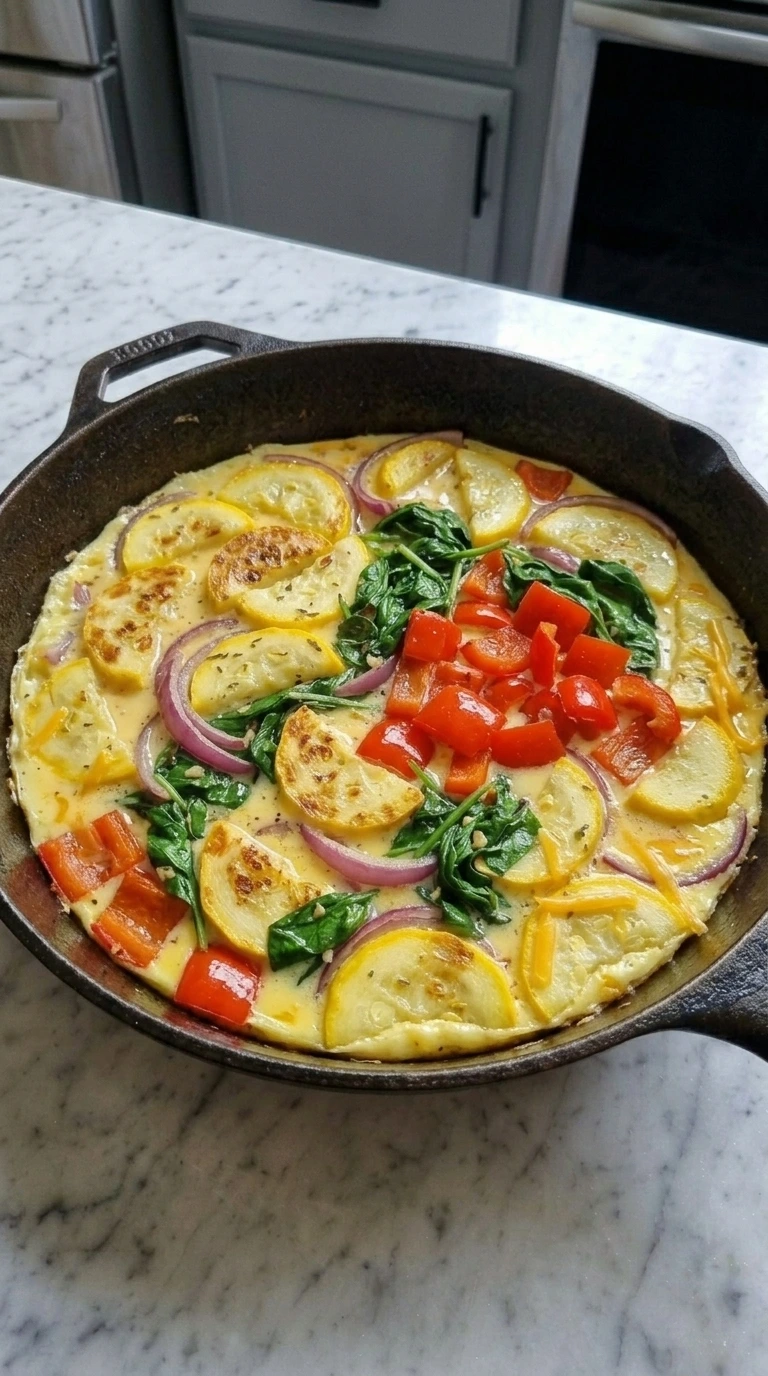 Egg mixture poured over patty pan squash and vegetables in a cast-iron skillet