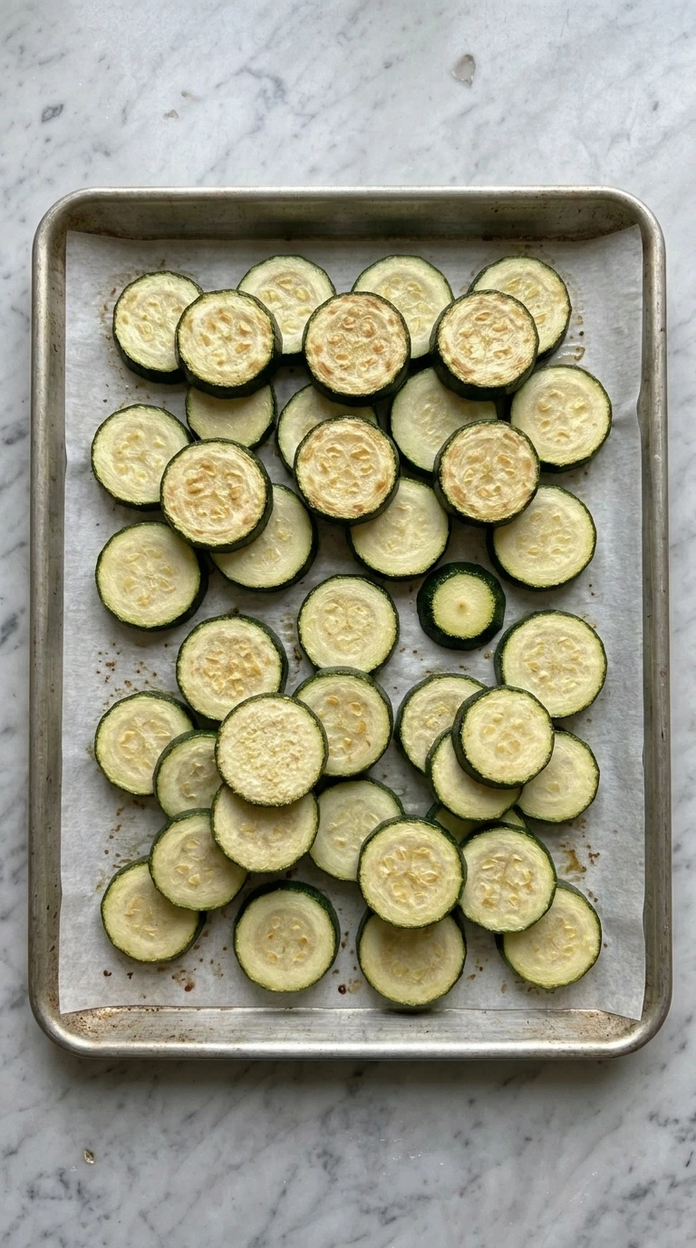Pre-baked zucchini rounds with faint golden edges on a parchment-lined sheet pan.