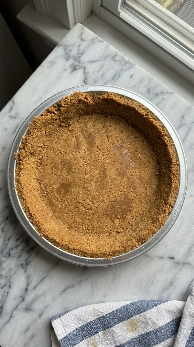 Pressed honey graham cracker crust in an aluminum pie tin