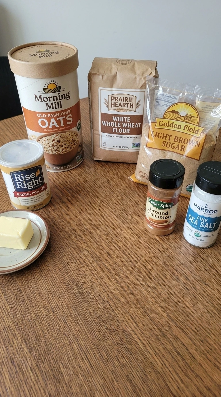 Ingredients for Raspberry Breakfast Bars including oats, raspberries, butter and raspberry preserves.